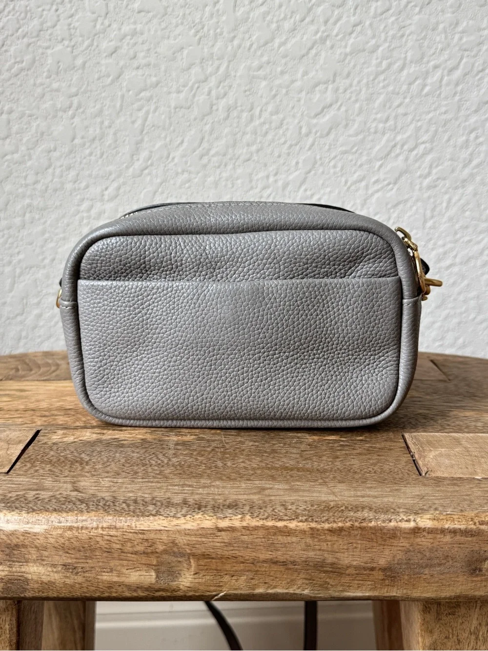 Tory Burch Gray Pebbled Leather Crossbody Camera Bag with Logo